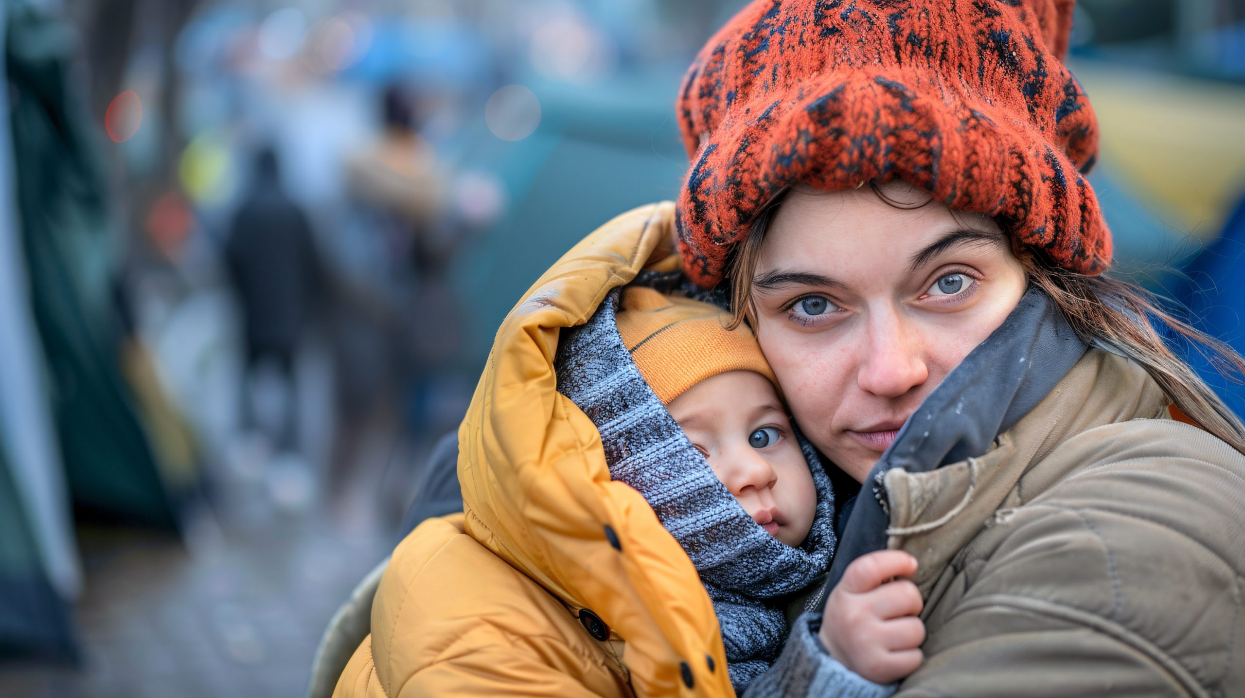 Young homeless mother hold her young child