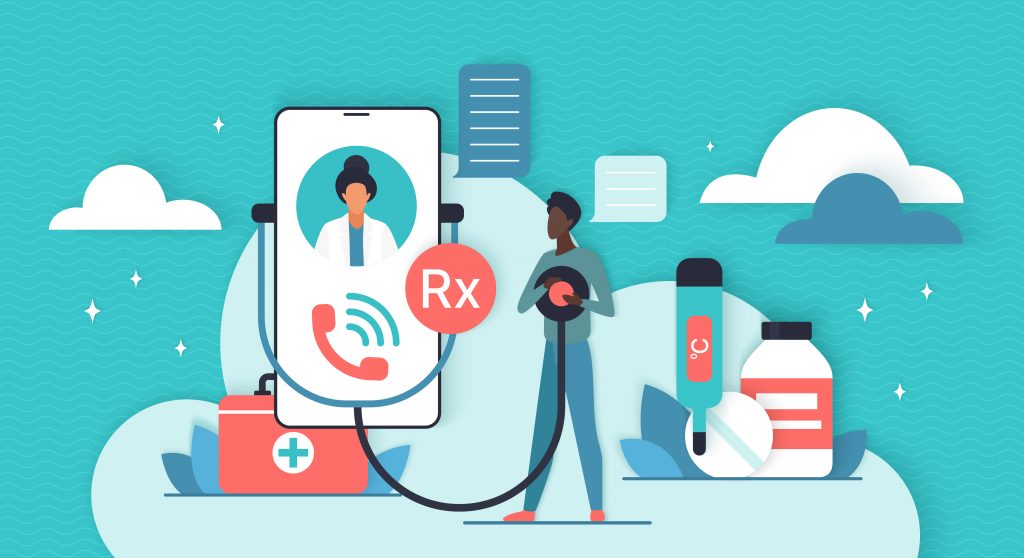 Virtual medical help, health consultation for diagnosis and RX prescription. Video call of tiny patient to doctor via mobile phone flat vector illustration. Telehealth, healthcare, medicine concept