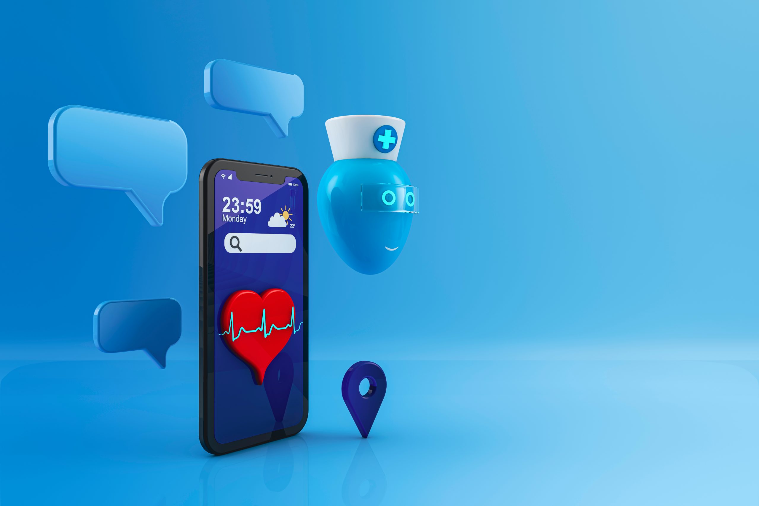 Chatbot concept in medicine. Development of artificial intelligence in clinics, hospitals and web applications. Smartphone with a nurse bot that responds with text chat.