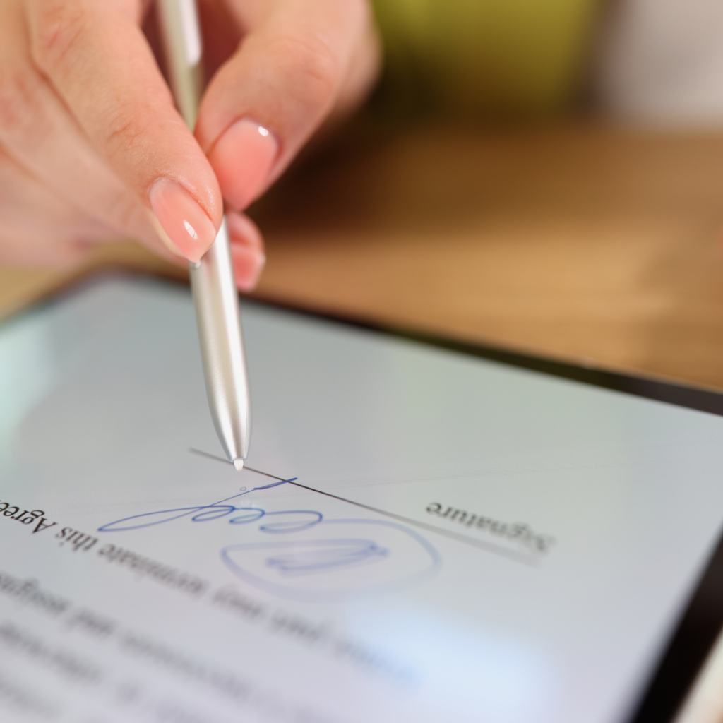 Paperless initiative shows a user signing a document