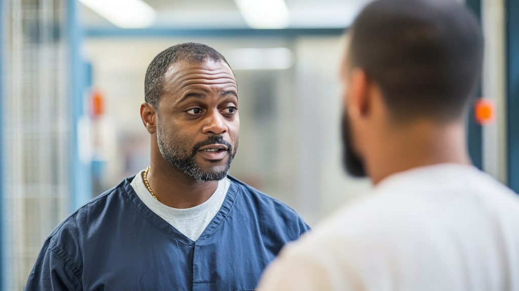 A probation officer meeting with a parolee, showing the corrections system's focus on reintegration