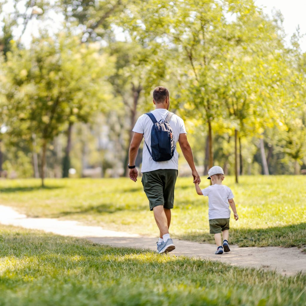 A father and son are walking through the forest on a sunny summer day. Shot from behind, they hold hands and create beautiful family memories. Boys weekend, same clothes