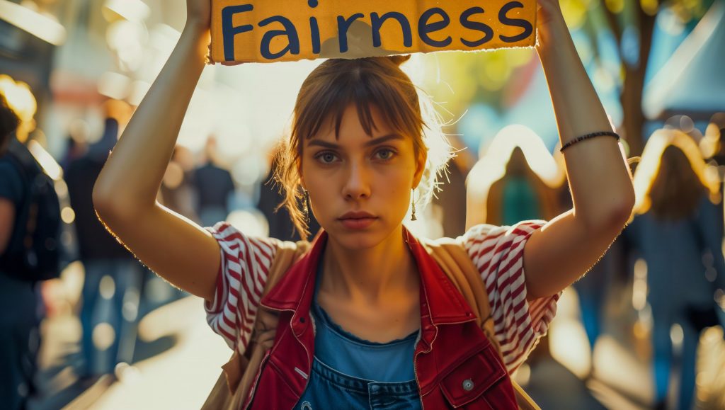 Women take to the streets with signs reading "Fairness," advocating for equal and fair pay