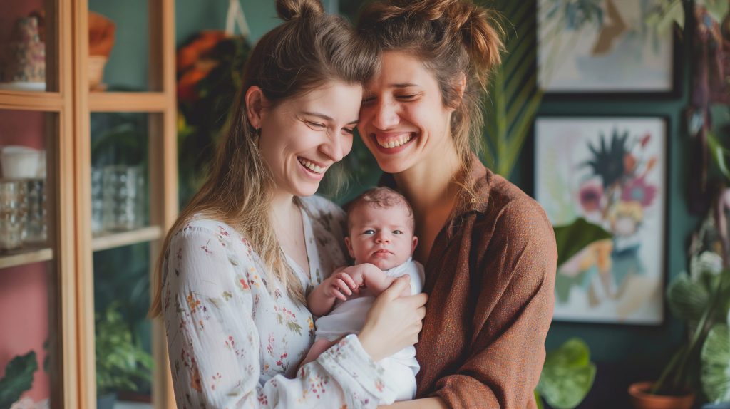Portrait of happy female Gay couple with baby at home. Concept of lgbt people, lesbian marriage and adoption, homosexual family. Two Caucasian weman with a child